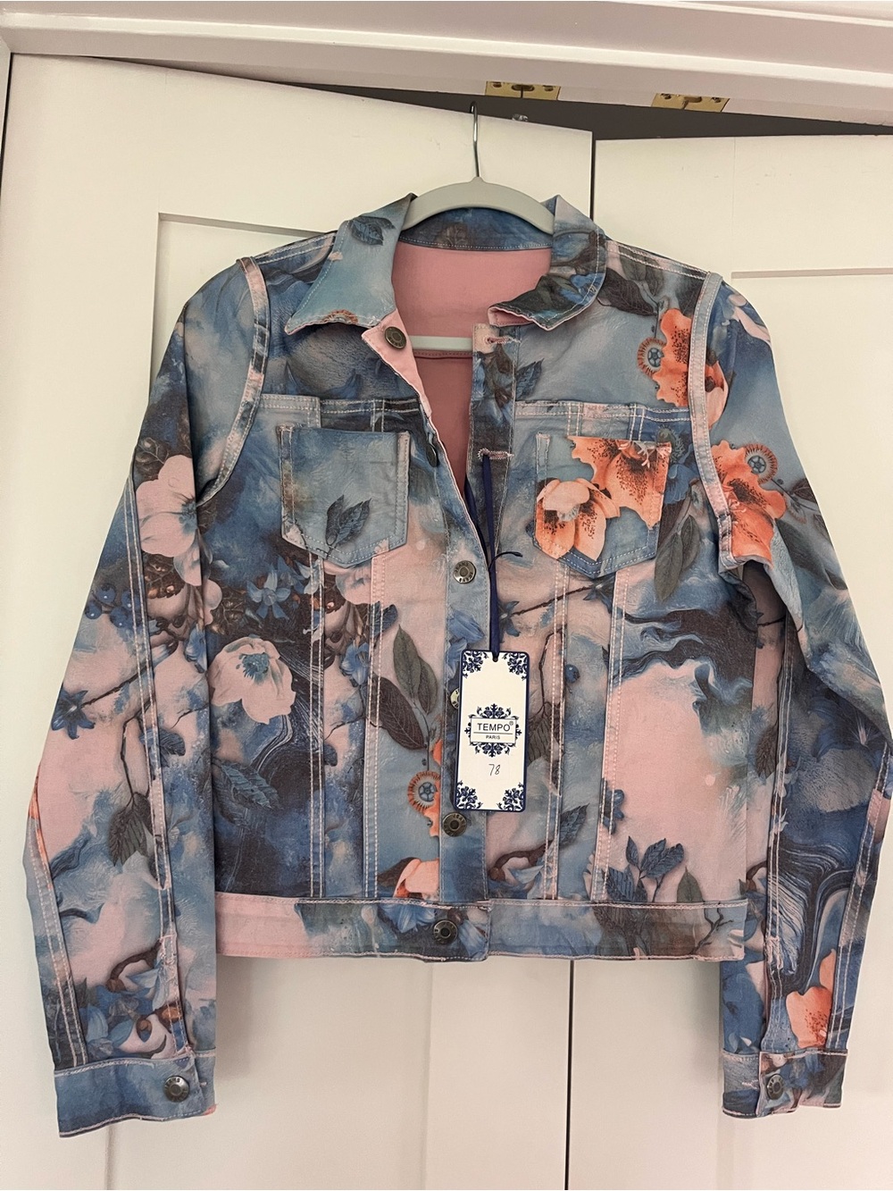 Women's Floral Printed Denim Jacket - Pink & Blue